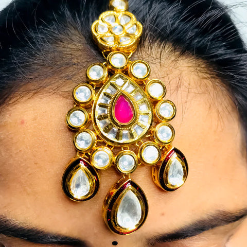 Designer Bridal Gold Plated Royal Kundan Necklace With Earrings & Mangtikka