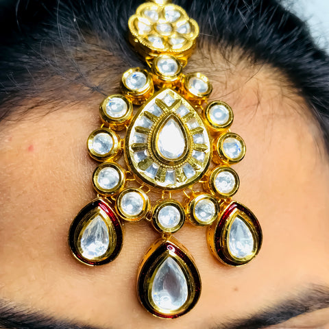 Designer Bridal Gold Plated Royal Kundan Necklace With Earrings & Mangtikka