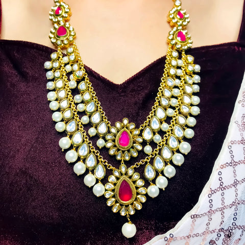 Designer Royal Kundan Long Necklace with Earrings & Mangtikka