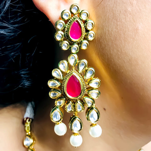 Designer Royal Kundan Long Necklace with Earrings & Mangtikka