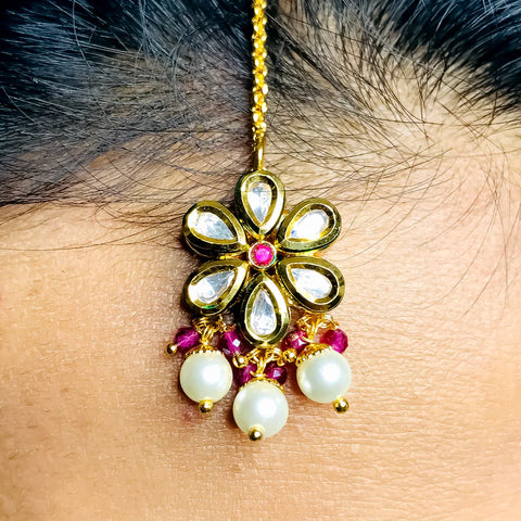 Designer Gold Plated Royal Kundan Necklace with Earrings & Mangtikka