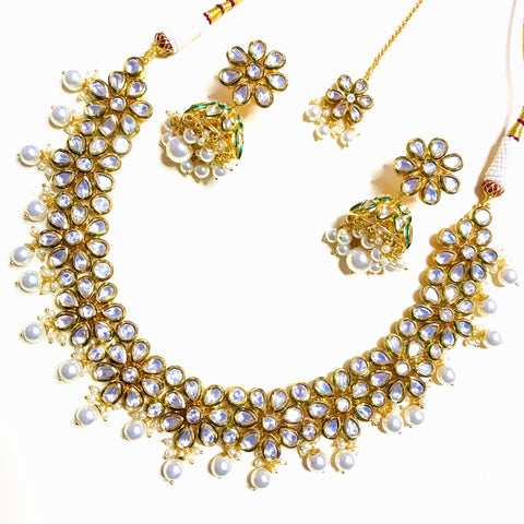 Designer Gold Plated Royal Kundan Necklace with Earrings & Mangtikka