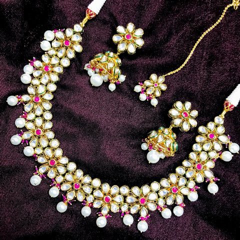 Designer Gold Plated Royal Kundan Necklace with Earrings & Mangtikka