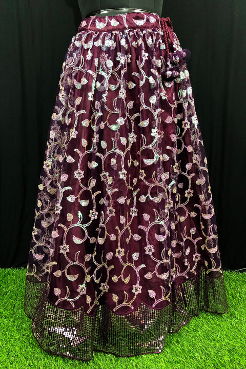 Wine Color Lehenga Skirt with Sequins Work in Net (D22)