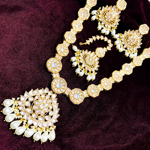 Designer Gold Plated Royal Kundan Long Necklace with Earrings