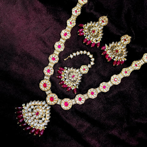 Designer Gold Plated Royal Kundan Long Necklace with Earrings