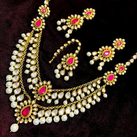 Designer Royal Kundan Long Necklace with Earrings & Mangtikka
