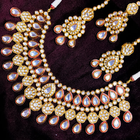 Designer Bridal Gold Plated Royal Kundan Necklace With Earrings & Mangtikka