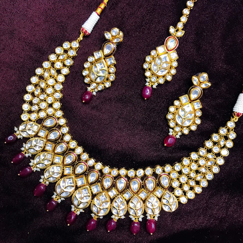 Designer Bridal Gold Plated Royal Kundan Necklace With Earrings & Mangtikka