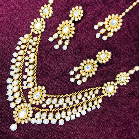 Designer Royal Kundan Long Necklace with Earrings & Mangtikka