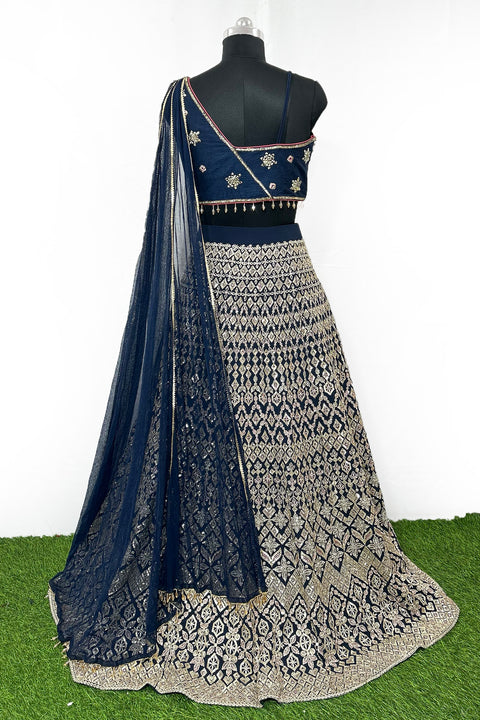 Designer Navy Blue Color Georgette Multi Embroidery Wedding Lehenga Choli (D296)