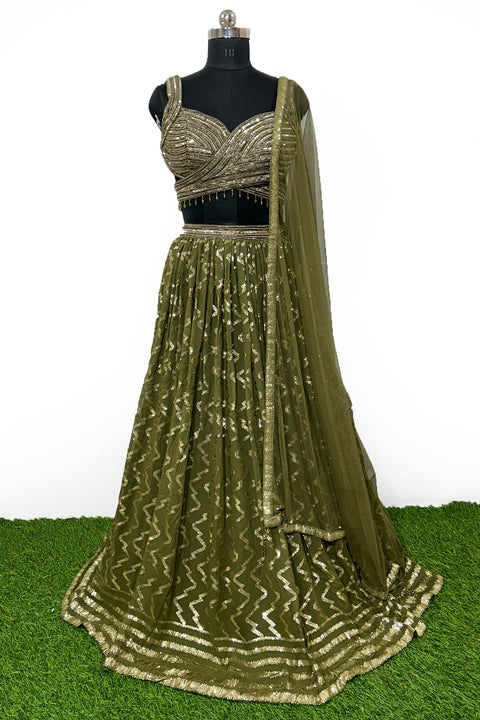 Mehandi Green Georgette Sequins Embroidery Lehenga Set For Party Wear (D293)