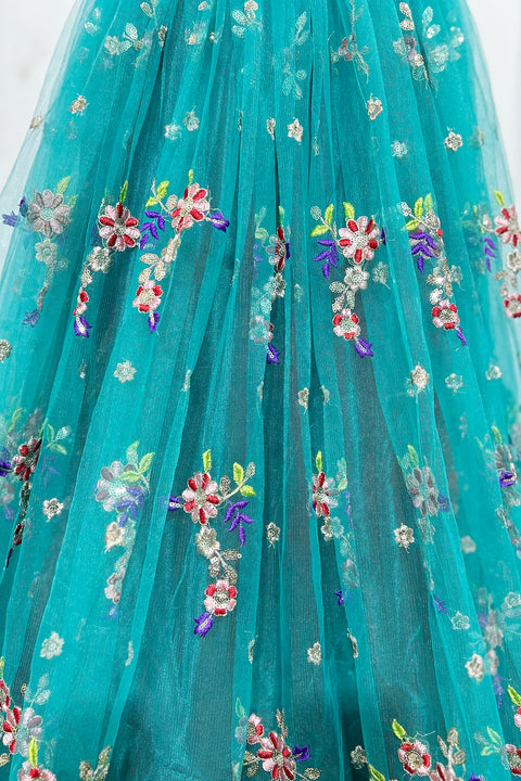 Sea Green Color Lehenga Skirt with Sequins Work in Net (D27)