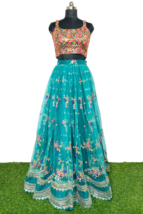 Sea Green Color Lehenga Skirt with Sequins Work in Net (D27)