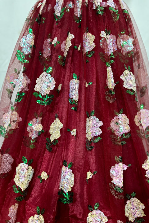 Maroon Color Lehenga Skirt with Sequins Work in Net (D26)