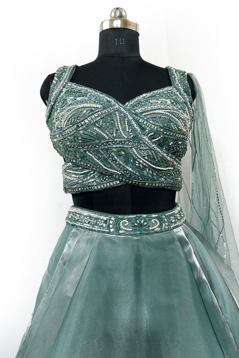 Smoky Green Organza Embroidered Sequin Cutdana Embellished Blouse Lehenga Set For Women (D45A)
