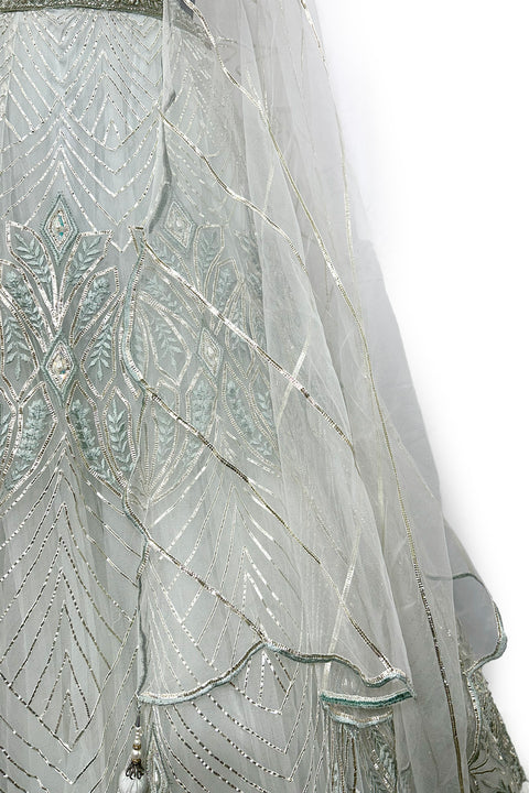 Light Sea Green Net Embroidery Gota Patti V Neck Lehenga Blouse Set For Women (D301)