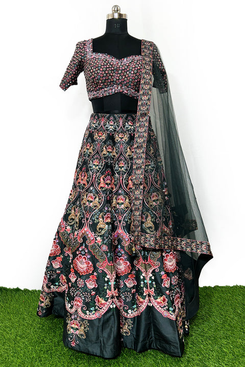 Designer Black Silk Printed & Embroidered Lehenga Set (D303)