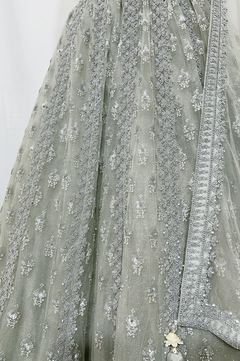 Light Grey Color Heavy Zarkans Embroidered Net Bridal Lehenga choli (D309)