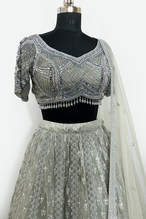 Light Grey Color Heavy Zarkans Embroidered Net Bridal Lehenga choli (D309)