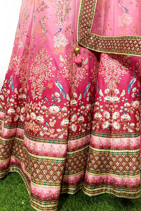 Designer Pink Silk Printed & Embroidered Lehenga Set (D304)