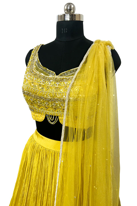 Yellow Color Embroidered Chinon Chiffon Party Wear Lehenga (D305)