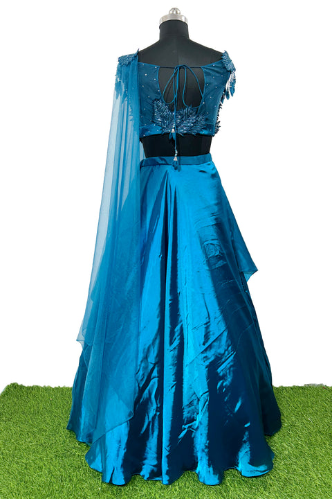 Dark Blue Organza Embroidered Sequin Cutdana Embellished Blouse Lehenga Set For Women (D46)