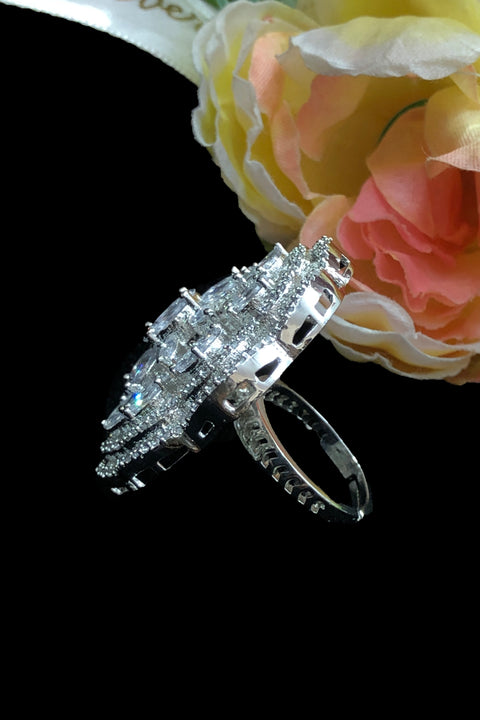 Silver Plated American Diamond Floral Ring (D201)