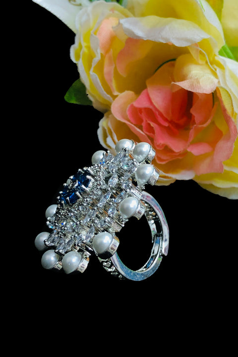 Silver Plated Sapphire American Diamond Floral Ring With Pearl (D206)
