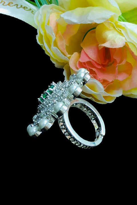 Silver Plated Emerald American Diamond Floral Ring With Pearl (D208)