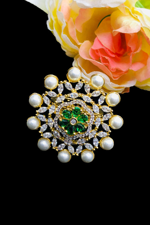 Gold Plated Emerald American Diamond Floral Ring With Pearl (D209)