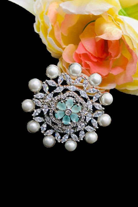 Silver-Plated Sky-Blue Stone American Diamond Floral Ring With Pearl (D210)