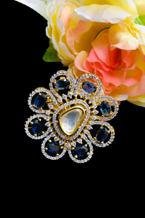 Gold Plated Blue & White Stone American Diamond Floral Ring (D211)