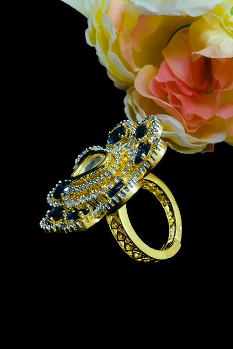Gold Plated Blue & White Stone American Diamond Floral Ring (D211)