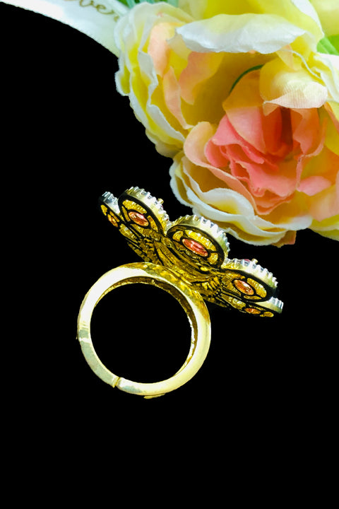 Gold Plated Red & White Stone American Diamond Floral Ring (D212)