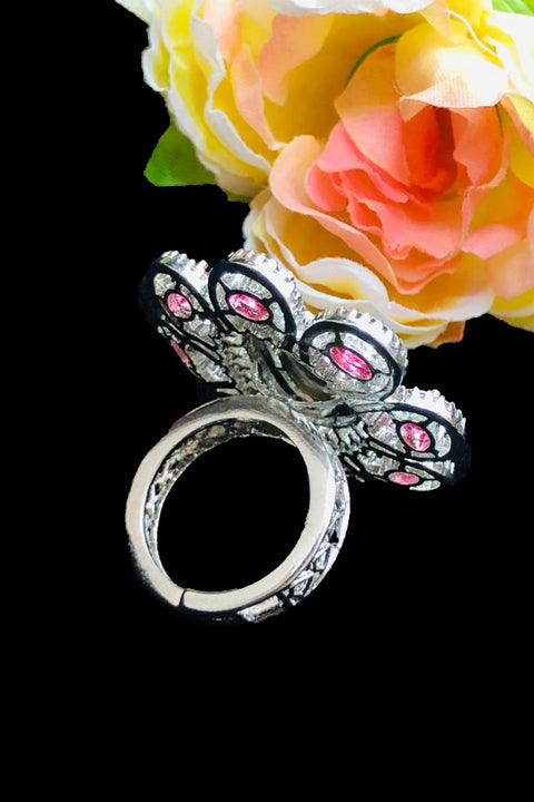 Silver Plated Red & White Stone American Diamond Floral Ring (D213)