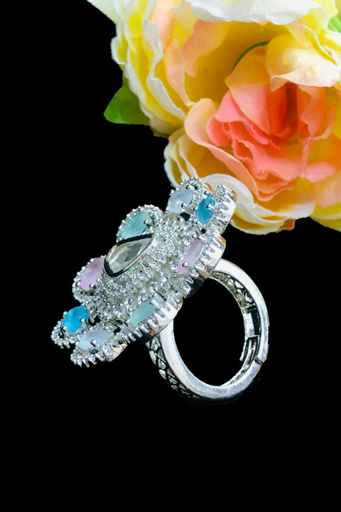 Silver Plated Multi Color Stone American Diamond Floral Ring (D214)
