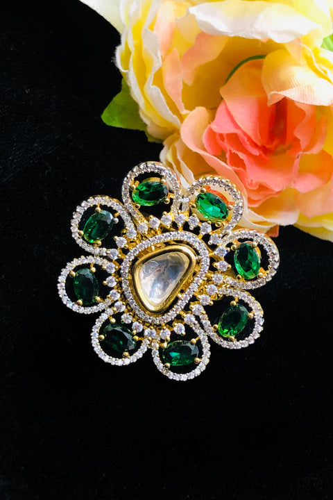 Gold Plated Green Color Stone American Diamond Floral Ring (D216)
