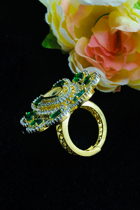 Gold Plated Green Color Stone American Diamond Floral Ring (D216)