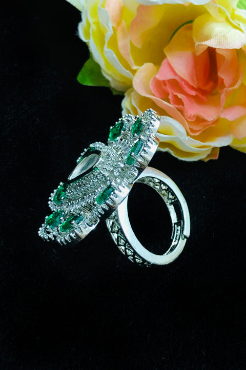 Silver Plated Green Color Stone American Diamond Floral Ring (D217)