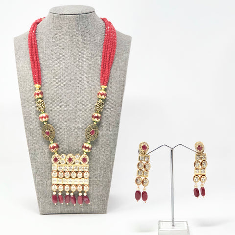 Jadau Kundan Bright Red Shimmerng Beads Kundan Necklace Set
