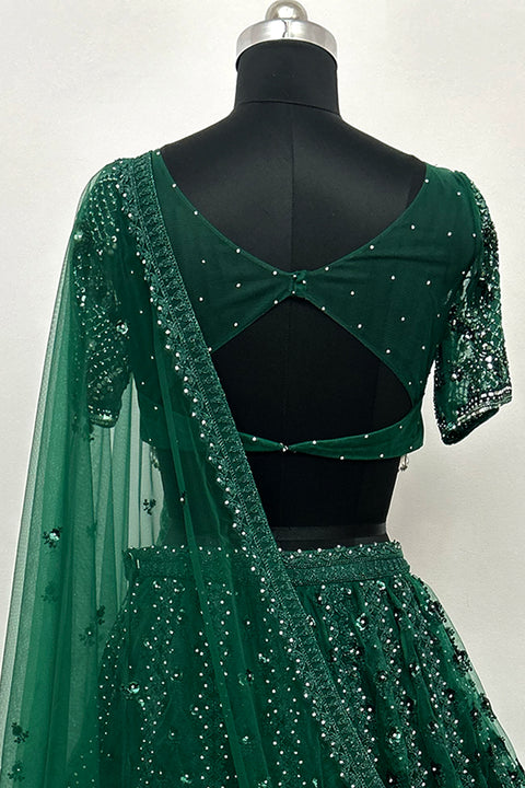 Green Net Embroidery Sequin V-Neck Lehenga And Blouse Set For Women (D327)