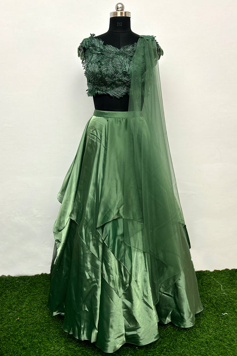 Green Organza Embroidered Sequin Cutdana Embellished Blouse Lehenga Set For Women (D56)