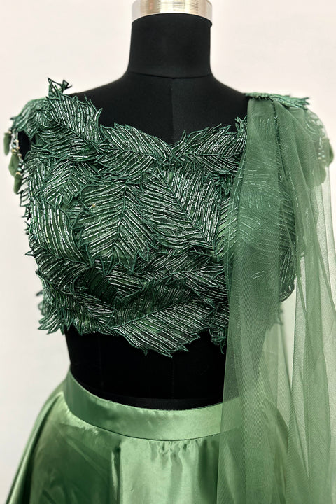 Green Organza Embroidered Sequin Cutdana Embellished Blouse Lehenga Set For Women (D56)