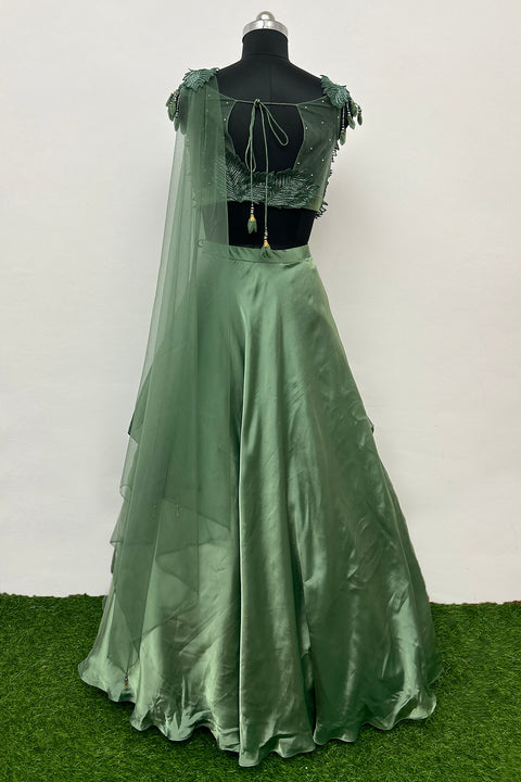 Green Organza Embroidered Sequin Cutdana Embellished Blouse Lehenga Set For Women (D56)