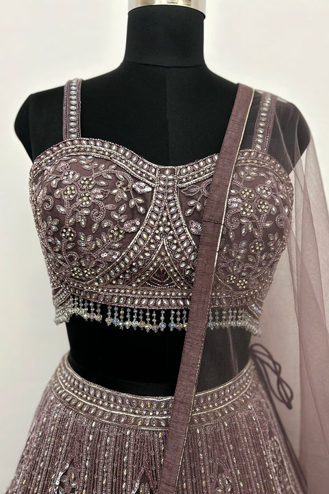Mauve Net Heavy Embroidery Lehenga And Blouse Set For Women (D328)
