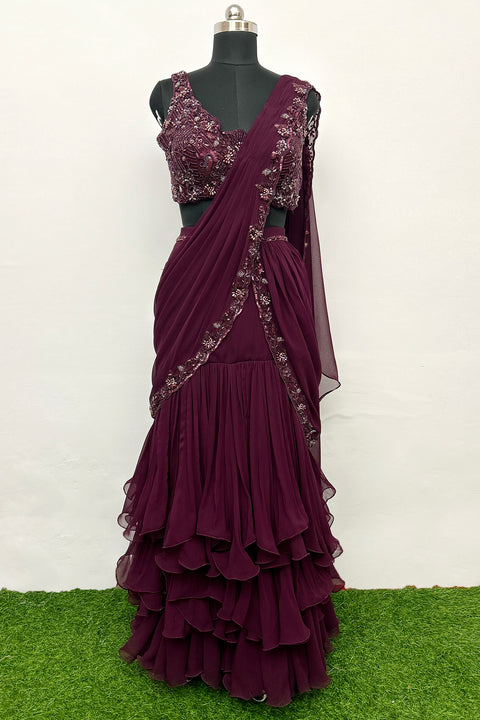 Designer Wine Georgette Draped Saree Set (D57)