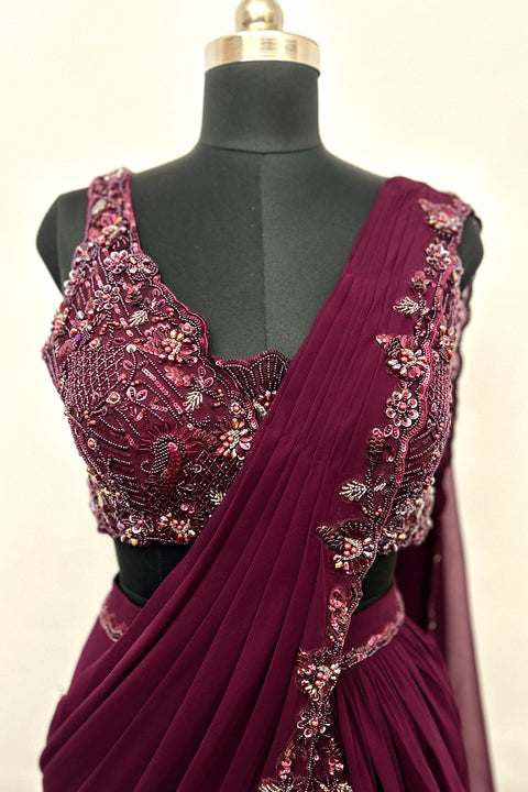 Designer Wine Georgette Draped Saree Set (D57)