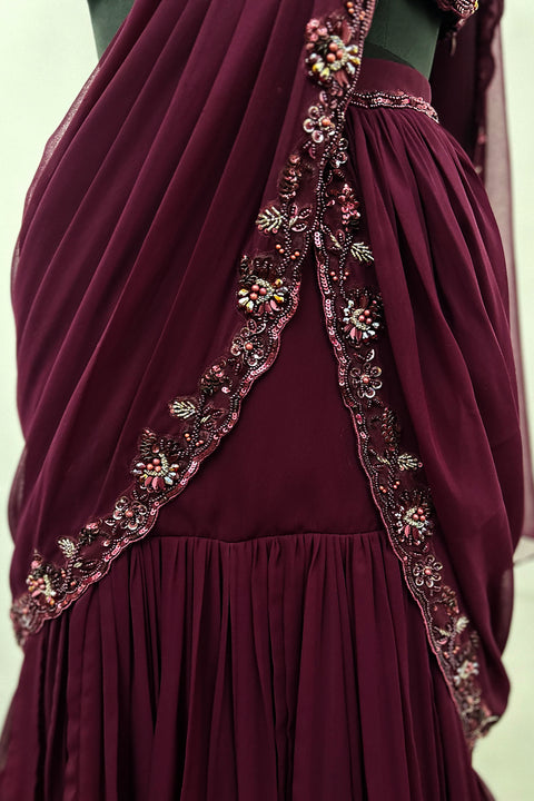 Designer Wine Georgette Draped Saree Set (D57)