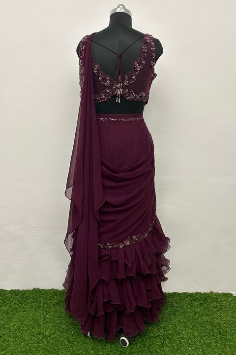 Designer Wine Georgette Draped Saree Set (D57)